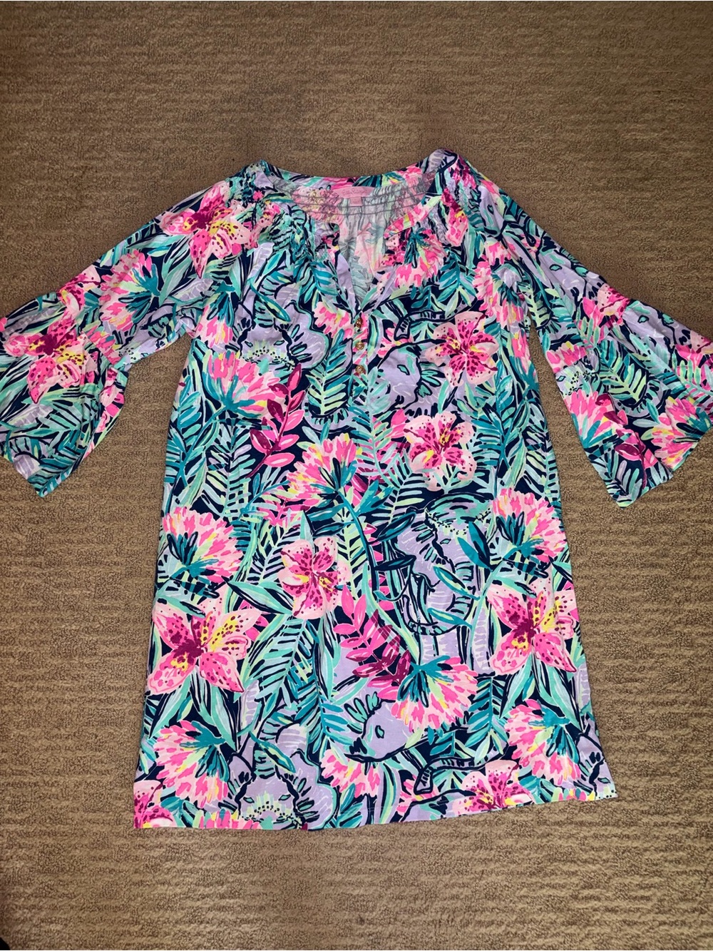 Lilly Pulitzer Floral V-Neck Bell Sleeve Tunic - Pink & Teal